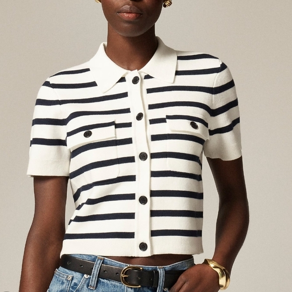 J. Crew Collared Short Sleeve Cardigan - Ivory/Navy Stripe - Picture 1 of 13